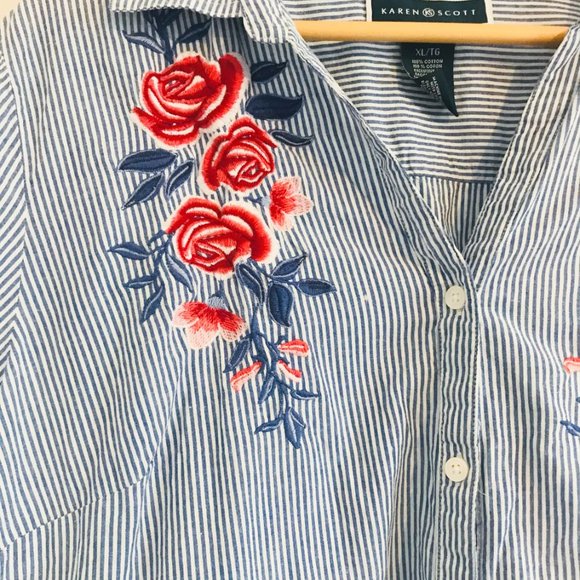 🌿 Karen Scott | Striped Blouse w/ Floral Embroidery - Picture 3 of 4
